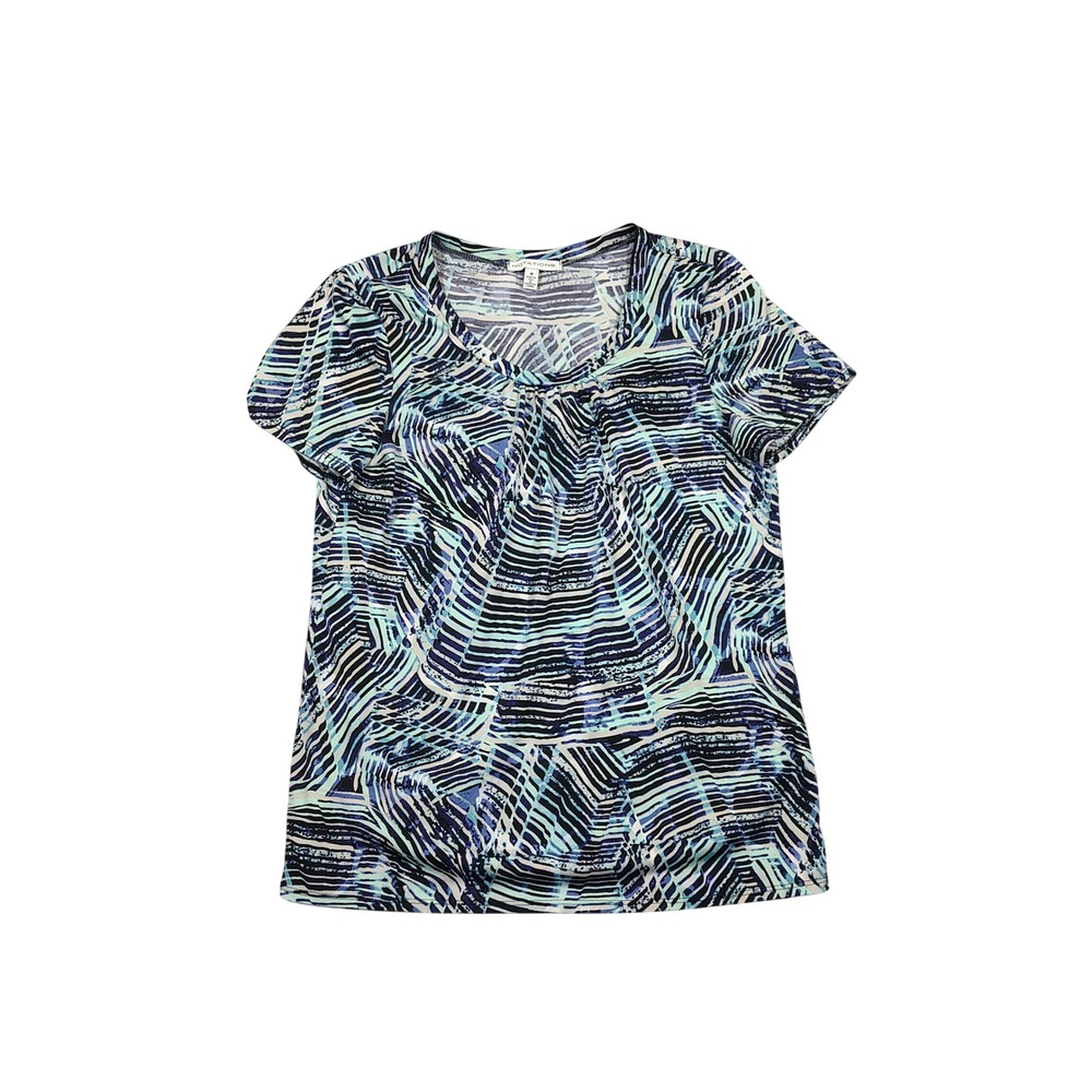Notations Blouse Womens Medium Blue Abstract Pleated Neck Short Sleeve Polyester